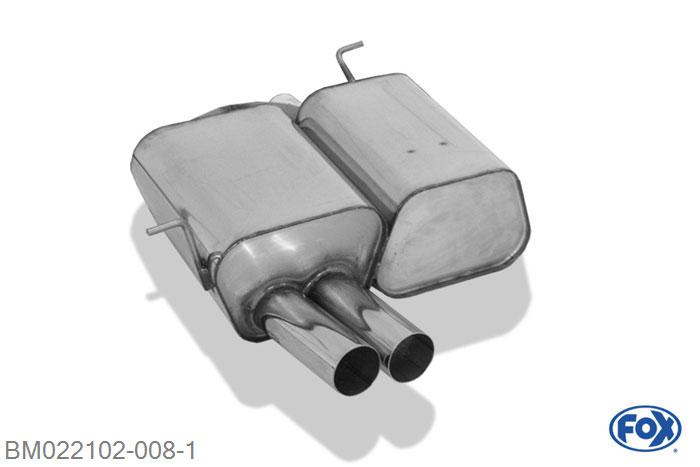 BM022102-008, BMW E46 316Ti/ 318Ti/ 325Ti 1.8l 85kW 2.0l 105kW, Einddemper met eindstuk 2x80mm  Type 10 63mm Buisdiameter Geheel RVS, Absortie demper, mooie diepe sound, Met E-keur