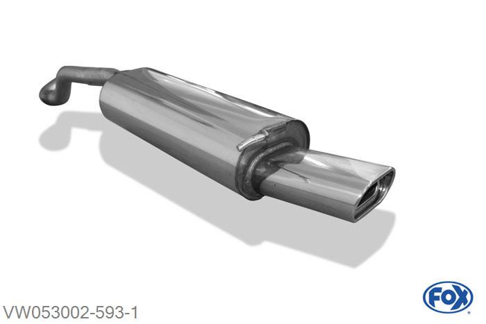 VW053002-593, VW Golf IV 1.4l 55kW 1.6l 74/77kW 1.8l 110kW 2.0l 85kW 2.3l 110kW 1.9l TDI 66/74/81/85/96/110kW, Einddemper met eindstuk 135x80mm  Type 53 55mm Buisdiameter Geheel RVS, Absortie demper, mooie diepe sound, Met E-keur