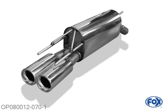 OP080012-070, Opel Calibra A 2.0l 16V 100kW 2.5l V6 125kW, Einddemper met eindstuk 2x80mm  Type 13 55mm Buisdiameter Geheel RVS, Absortie demper, mooie diepe sound, Met E-keur