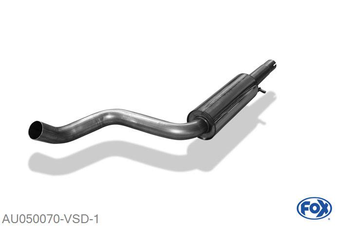 AU050070-VSD, Audi A3 Typ 8L/ VW Golf IV/ VW Beetle 1.4l 55kW 1.6l 74/75/77/81kW 1.8l 92/110/132kW 2.0l 85kW 2.3l 110/125kW 1.9l SDI/TDI 50/66/74/81/85/96/110kW, Voordemper O63,5mm 63,5mm Buisdiameter Geheel RVS, Absortie demper, mooie diepe sound, Teilegutachten (eintragungspflichtig)