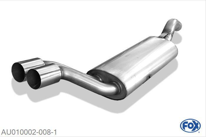 AU010002-008, Audi 80/90 Typ 81/85 1.3l 40/44kW 1.6l 48/51/55/63/81kW 1.8l 66/82kW 1.9l 85kW 2.0l 81/85kW 2.2l 85/100kW 2.3l 100kW, Einddemper met eindstuk 2x76mm  Type 10 63,5mm Buisdiameter Geheel RVS, Absortie demper, mooie diepe sound, Met E-keur