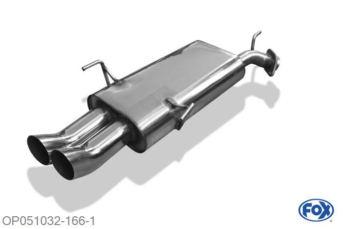 OP051032-166, Opel Vectra B - Bj. 94`-9/99` 1.6l 55/74kW 1.8l 85/92kW 2.0l 100kW 2.2l 108kW 2.5l 125kW 2.5l i500 143kW 1.7l D 60kW 2.0l DI/DTI 16V 60/74kW 2.2l DTI 92kW, Einddemper O55mm - 2x76mm  Type 18 55mm Buisdiameter Geheel RVS, Absortie demper, mooie diepe sound, Met E-keur