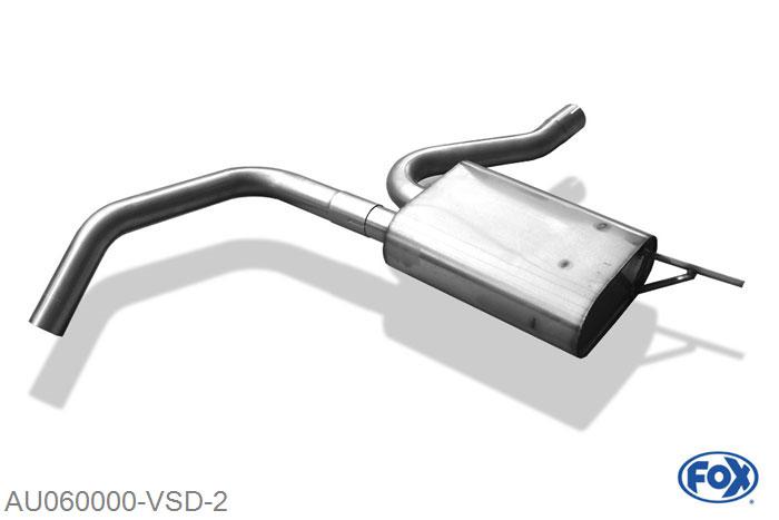 AU060000-VSD, Audi A4 Typ B5 1.6l 74/75kW 1.8l 92kW 1.8l T 110/123kW 2.4l 121kW 2.6l 110kW 2.8l 128/142kW 2.5l TDI 110kW 1.9l TDI 55/66/81/85kW, Voordemper 55mm Buisdiameter Geheel RVS, Absortie demper, mooie diepe sound, Met E-keur