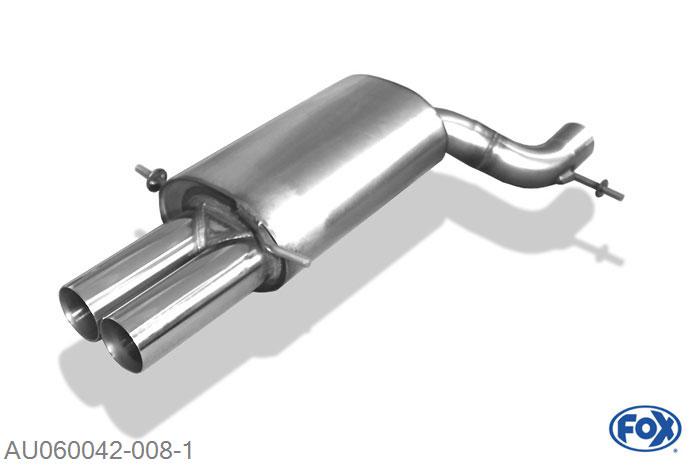 AU060042-008, Audi A4/ S4 Typ B5 quattro 1.8l T 110/132kW 2.4l 120kW 2.6l 110kW 2.7l T 169/195kW 2.8l 128/142kW 1.9l TDI 81/85kW 2.5l TDI 110kW, Einddemper O70mm - 2x76mm  Type 10 70mm Buisdiameter Geheel RVS, Absortie demper, mooie diepe sound, Teilegutachten (eintragungspflichtig)