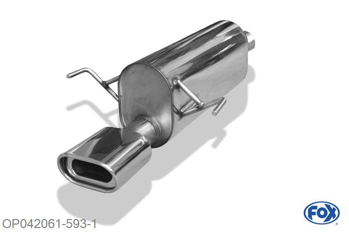 OP042061-593, Opel Astra H/ Astra H GTC Turbo 1.6l Turbo 132kW 2.0l Turbo 125/147kW, Einddemper met eindstuk 135x80mm  Type 53 - Buisdiameter 63,5mm 63,5mm Buisdiameter Geheel RVS, Absortie demper, mooie diepe sound, Met E-keur