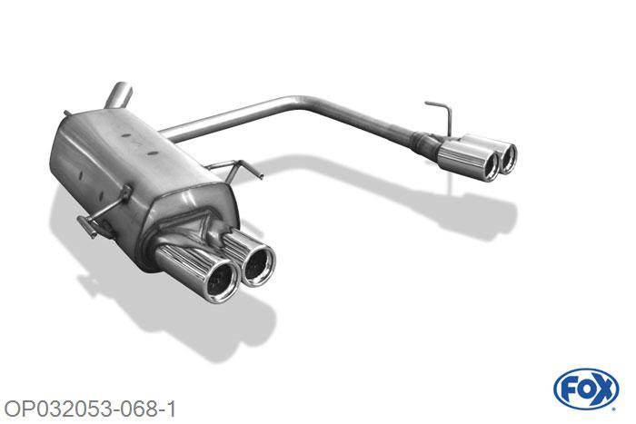 OP032053-068, Opel Corsa C 1.0l 43/44kW 1.2l 55/59kW 1.4l 66kW 1.8l 92kW 1.3l D 51kW 1.7l D 48/55kW, Einddemper met uitgang rechts/links - 2x76mm  Type 13 rechts/links 50mm Buisdiameter Geheel RVS, Absortie demper, mooie diepe sound, Met E-keur