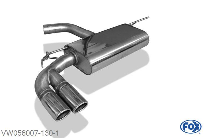 VW056007-130, VW Golf VII  - Onafhankelijke wielophanging 1.2l 63/77/81kW 1.4l 90/92/103/110kW 1.6l 81kW 1.6l TDI 66/77/81kW 2.0l TDI 81/105/110kW, Einddemper einseitig - 2x80mm  Type 16 70mm Buisdiameter Geheel RVS, Absortie demper, mooie diepe sound, Met E-keur