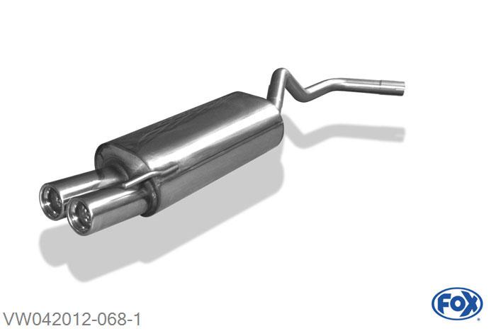 VW042012-068, VW Polo 6N 1.0l 37kW 1.1l 33/37kW 1.3l 40kW 1.4l 40/44/55kW 1.6l 55kW, Einddemper dubbele buis - 2x76mm  Type 13 45mm Buisdiameter Geheel RVS, Absortie demper, mooie diepe sound, Met E-keur
