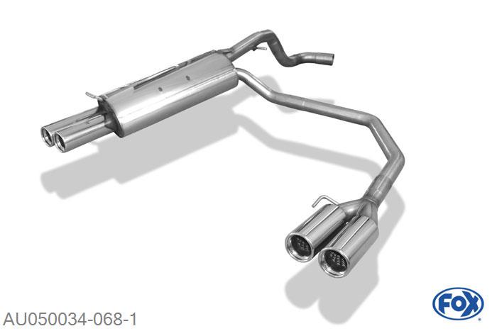 AU050034-068, Audi A3 Typ 8L 1.6l 74/75kW 1.8l 92kW 1.8l T 110kW 1.9l TDI 66/74/81/96kW, Einddemper met uitgang rechts/links  - 2x76mm  Type 13 rechts/links Geheel RVS, Absortie demper, mooie diepe sound, Teilegutachten (eintragungspflichtig)