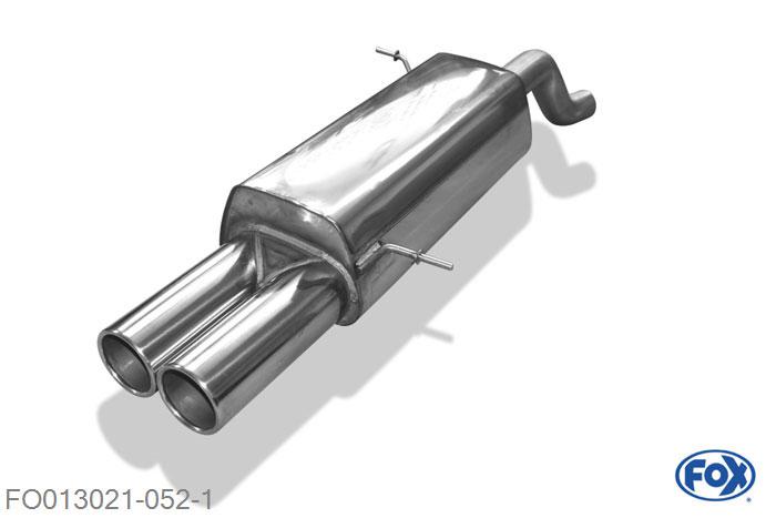 FO013021-052, Ford Fiesta VII ST 1.6l 134kW (mit Gutachten) 1.6l 147kW (ohne Gutachten), Einddemper met eindstuk 2x90mm  Type 12 63,5mm Buisdiameter Geheel RVS, Absortie demper, mooie diepe sound, Met E-keur