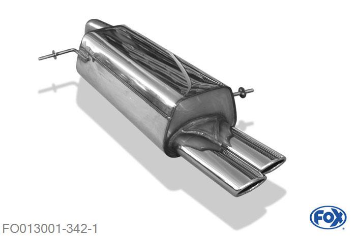 FO013001-342, Ford Fiesta VII/ Fiesta VII Sport - 1,6l 88kW 1.2l 44/60kW 1.4l 71kW 1.6l 88kW, Einddemper met eindstuk 2x86x54mm  Type 32 50mm Buisdiameter Geheel RVS, Absortie demper, mooie diepe sound, Met E-keur