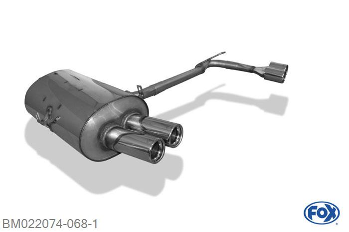 BM022074-068, BMW E46 320/ 323/ 325/ 328/ 330 2.0l 110kW 2.2l 125kW 2.5l 125/141kW 2.8l 142kW 3.0l 170kW, Einddemper met uitgang rechts/links dubbele buis - 2x76mm  Type 13 rechts/links 50mm Buisdiameter Geheel RVS, Absortie demper, mooie diepe sound, Met E-keur