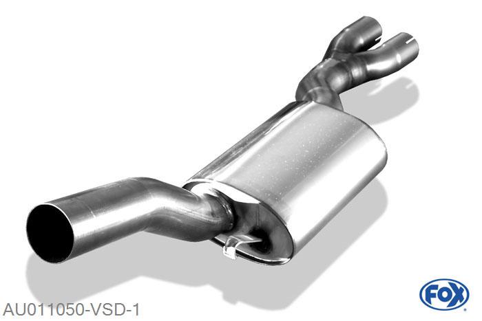 AU011050-VSD, Audi S2 Typ 89 quattro 2.2l 162/169kW, Voordemper O70mm 70/ 2x63mm Buisdiameter Geheel RVS, Absortie demper, mooie diepe sound, Met E-keur