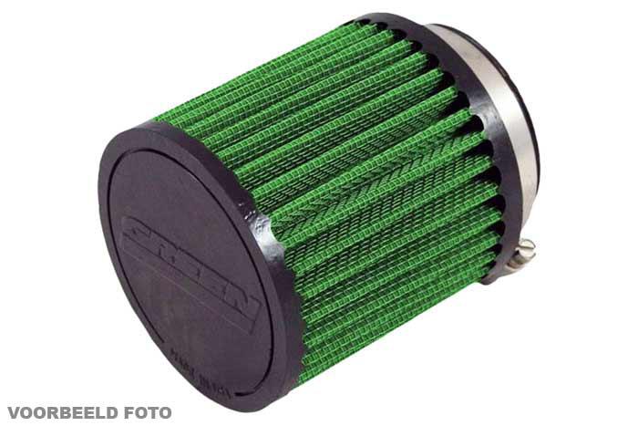 75mm aansluitdiameter, GRB2.75, Green Luchtfilter universeel, Cilindrisch single cone, Lengte filter 130mm, Buitendiameter onder 110mm, Buitendiameter kap 110mm, Rubber kap, centraal