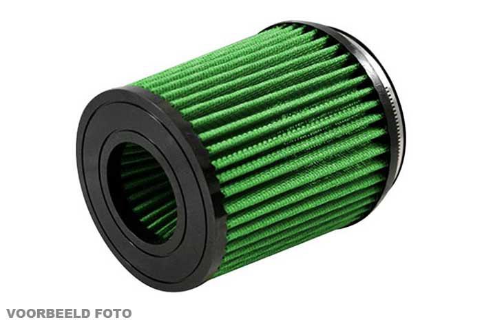 65mm aansluitdiameter, GRB9.65BC, Green Luchtfilter universeel, Cilindrisch Bi-Cone, Lengte filter 150mm, Buitendiameter onder 100mm, Buitendiameter kap 100mm, Rubber kap, centraal, 25 graden hoek