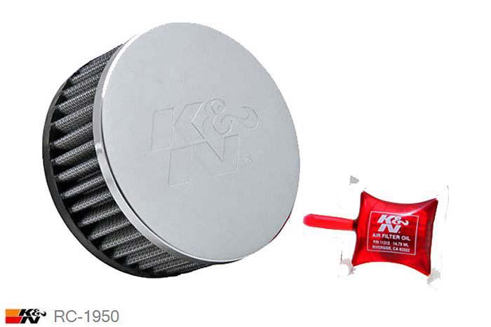 57mm aansluitdiameter, RC-1950, K&N Luchtfilter Universeel, Cilindrisch, Lengte filter 51mm, Buitendiameter onder 114mm, Buitendiameter kap 114mm, Chroom kap, Lengte flens 16mm, 8 mm
