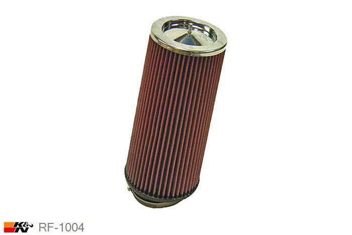 89mm aansluitdiameter, RF-1004, K&N Luchtfilter Universeel, Conisch, Lengte filter 308mm, Buitendiameter onder 146mm, Buitendiameter kap 127mm, Chroom kap, Lengte flens 44mm, 10 graden hoek, 0 mm