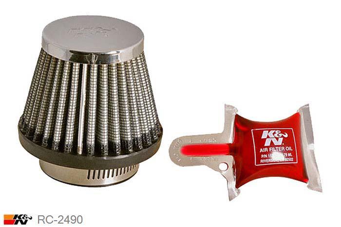 43mm aansluitdiameter, RC-2490, K&N Luchtfilter Universeel, Conisch, Lengte filter 60mm, Buitendiameter onder 76mm, Buitendiameter kap 51mm, Chroom kap, Lengte flens 16mm, 0 mm