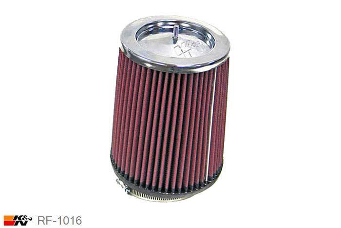 89mm aansluitdiameter, RF-1016, K&N Luchtfilter Universeel, Conisch, Lengte filter 178mm, Buitendiameter onder 146mm, Buitendiameter kap 127mm, Chroom kap, Lengte flens 44mm, 10 graden hoek, 0 mm
