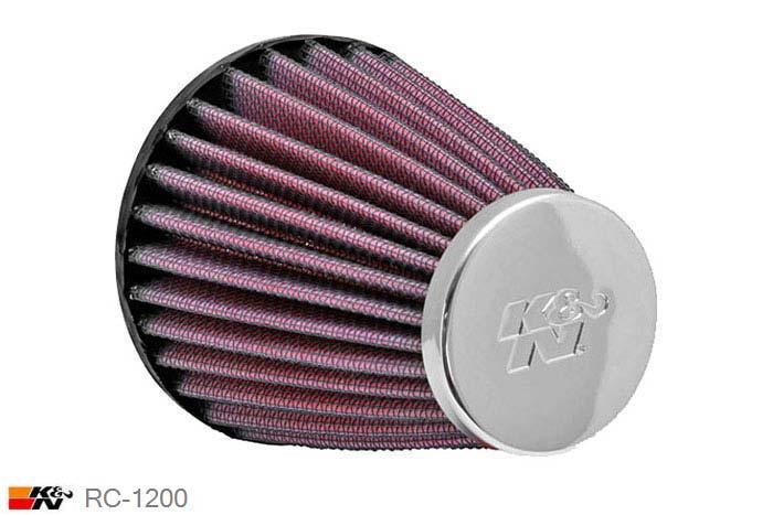 52mm aansluitdiameter, RC-1200, K&N Luchtfilter Universeel, Conisch, Lengte filter 102mm, Buitendiameter onder 89mm, Buitendiameter kap 51mm, Chroom kap, Lengte flens 16mm, 0 mm