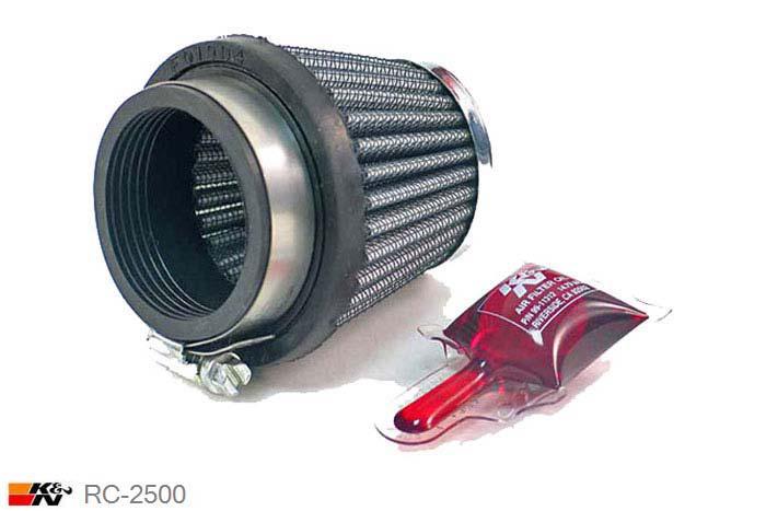 49mm aansluitdiameter, RC-2500, K&N Luchtfilter Universeel, Conisch, Lengte filter 64mm, Buitendiameter onder 76mm, Buitendiameter kap 51mm, Chroom kap, Lengte flens 16mm, 0 mm