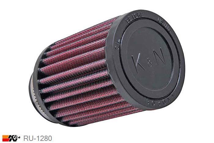 48mm aansluitdiameter, RU-1280, K&N Luchtfilter Universeel, Cilindrisch, Lengte filter 102mm, Buitendiameter onder 76mm, Buitendiameter kap 76mm, Rubber kap, Lengte flens 44mm, 10 graden hoek, 0 mm