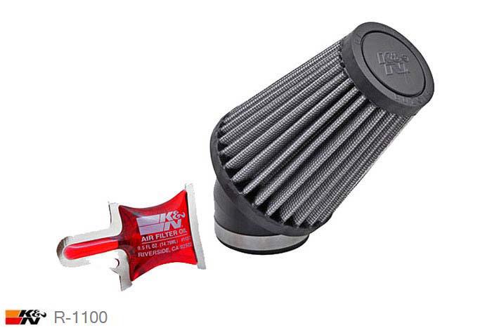 43mm aansluitdiameter, R-1100, K&N Luchtfilter Universeel, Conisch, Lengte filter 102mm, Buitendiameter onder 76mm, Buitendiameter kap 51mm, Rubber kap, Lengte flens 38mm, 40 graden hoek, 0 mm