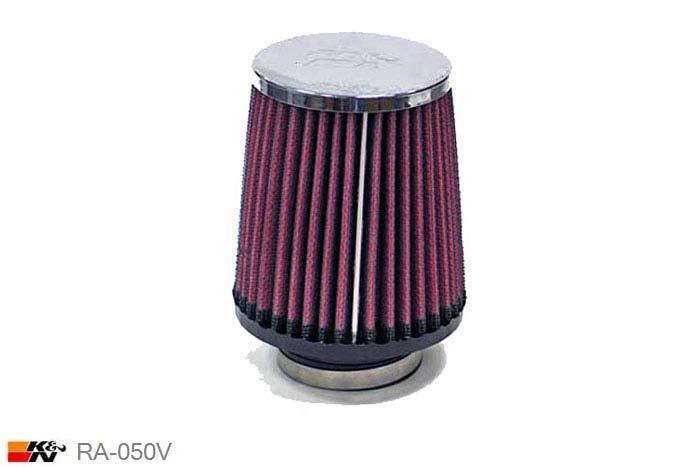 52mm aansluitdiameter, RA-050V, K&N Luchtfilter Universeel, Conisch, Lengte filter 102mm, Buitendiameter onder 89mm, Buitendiameter kap 76mm, Chroom kap, Lengte flens 22mm, 0 mm