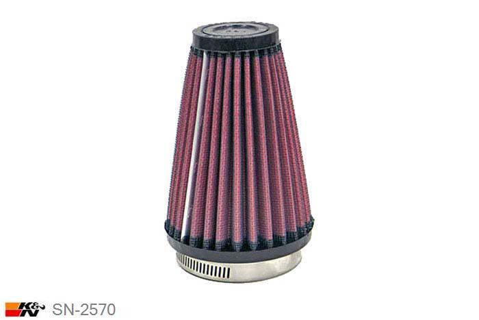62mm aansluitdiameter, SN-2570, K&N Luchtfilter Universeel, Conisch, Lengte filter 127mm, Buitendiameter onder 89mm, Buitendiameter kap 51mm, Rubber kap, Lengte flens 16mm, 0 mm