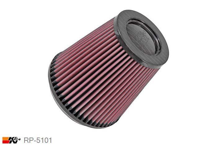 114mm aansluitdiameter, RP-5101, K&N Luchtfilter Universeel, Conisch, Lengte filter 152mm, Buitendiameter onder 149mm, Buitendiameter kap 102mm, Carbon-fiber kap, Lengte flens 16mm, 0 mm