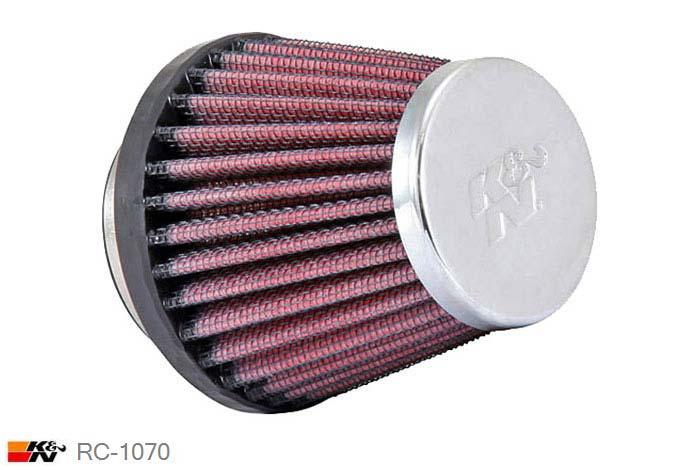 43mm aansluitdiameter, RC-1070, K&N Luchtfilter Universeel, Conisch, Lengte filter 70mm, Buitendiameter onder 76mm, Buitendiameter kap 51mm, Chroom kap, Lengte flens 16mm, 0 mm