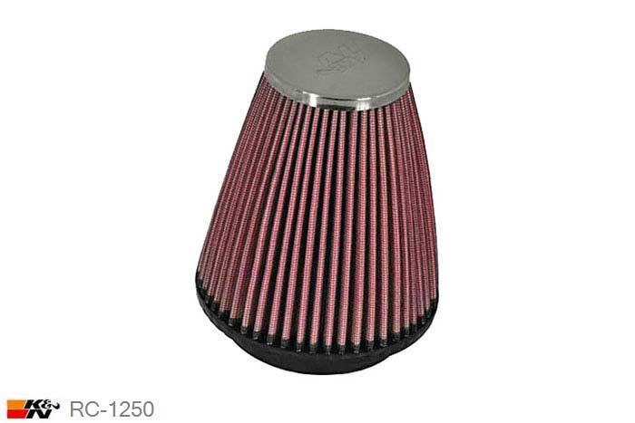 57mm aansluitdiameter, RC-1250, K&N Luchtfilter Universeel, Conisch, Lengte filter 102mm, Buitendiameter onder 89mm, Buitendiameter kap 51mm, Chroom kap, Lengte flens 16mm, 0 mm