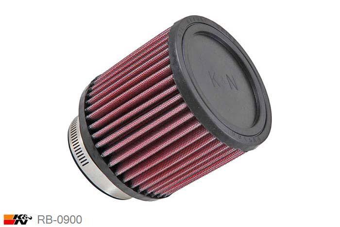 76mm aansluitdiameter, RB-0900, K&N Luchtfilter Universeel, Cilindrisch, Lengte filter 102mm, Buitendiameter onder 114mm, Buitendiameter kap 114mm, Rubber kap, Lengte flens 25mm, 5 graden hoek, 0 mm