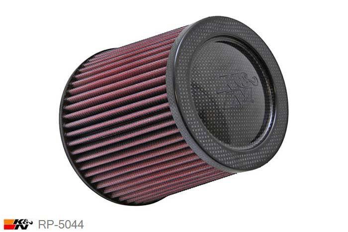 76mm aansluitdiameter, RP-5044, K&N Luchtfilter Universeel, Conisch, Lengte filter 152mm, Buitendiameter onder 152mm, Buitendiameter kap 127mm, Carbon-fiber kap, Lengte flens 25mm, 0 mm