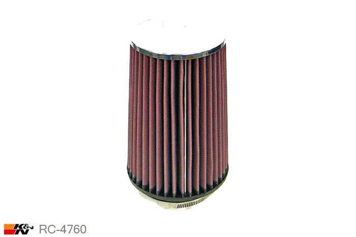 89mm aansluitdiameter, RC-4760, K&N Luchtfilter Universeel, Conisch, Lengte filter 203mm, Buitendiameter onder 140mm, Buitendiameter kap 114mm, Chroom kap, Lengte flens 32mm, 0 mm