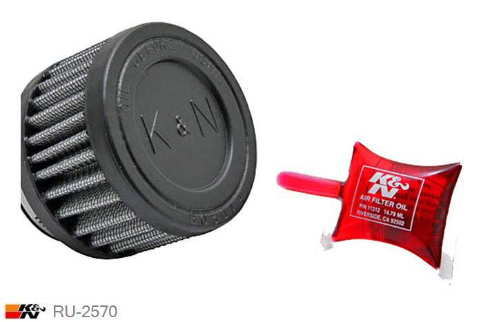 44mm aansluitdiameter, RU-2570, K&N Luchtfilter Universeel, Cilindrisch, Lengte filter 51mm, Buitendiameter onder 76mm, Buitendiameter kap 76mm, Rubber kap, Lengte flens 16mm, 0 mm