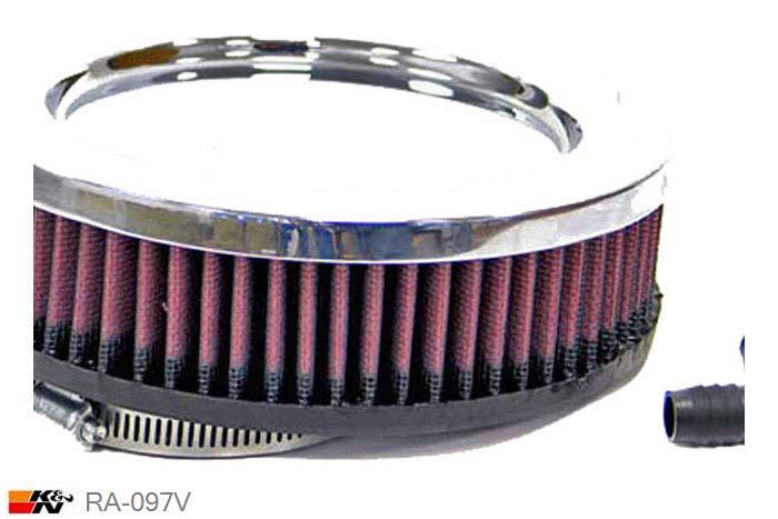 76mm aansluitdiameter, RA-097V, K&N Luchtfilter Universeel, Cilindrisch, Lengte filter 51mm, Buitendiameter onder 178mm, Buitendiameter kap 178mm, Chroom kap, Lengte flens 16mm, 22 mm