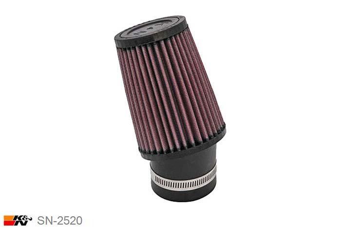62mm aansluitdiameter, SN-2520, K&N Luchtfilter Universeel, Conisch, Lengte filter 127mm, Buitendiameter onder 95mm, Buitendiameter kap 76mm, Rubber kap, Lengte flens 51mm, 20 graden hoek, 0 mm