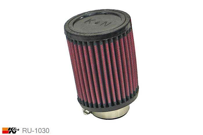 44mm aansluitdiameter, RU-1030, K&N Luchtfilter Universeel, Cilindrisch, Lengte filter 114mm, Buitendiameter onder 89mm, Buitendiameter kap 89mm, Rubber kap, Lengte flens 25mm, 10 graden hoek, 0 mm