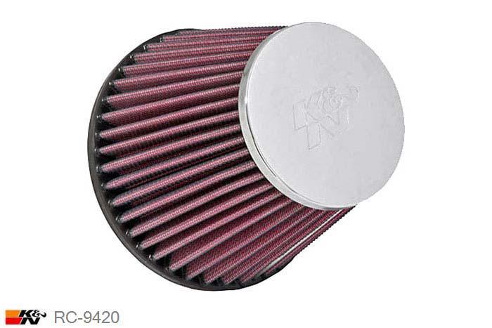 64mm aansluitdiameter, RC-9420, K&N Luchtfilter Universeel, Conisch, Lengte filter 114mm, Buitendiameter onder 133mm, Buitendiameter kap 89mm, Chroom kap, Lengte flens 17mm, 16 mm