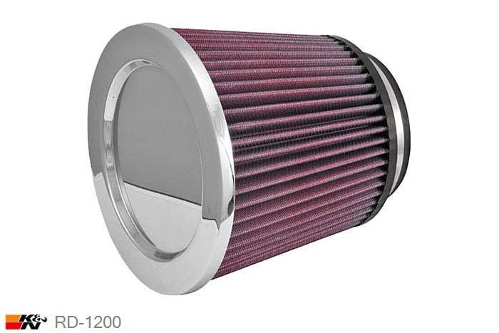 64mm aansluitdiameter, RD-1200, K&N Luchtfilter Universeel, Cilindrisch, Lengte filter 152mm, Buitendiameter onder 178mm, Buitendiameter kap 178mm, Chroom kap, Lengte flens 16mm, 0 mm