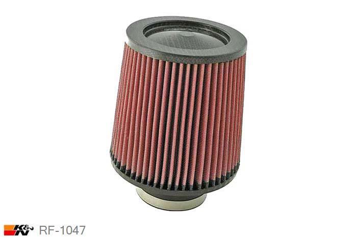 76mm aansluitdiameter, RF-1047, K&N Luchtfilter Universeel, Conisch, Lengte filter 152mm, Buitendiameter onder 152mm, Buitendiameter kap 127mm, Carbon-fiber kap, Lengte flens 44mm, 0 mm