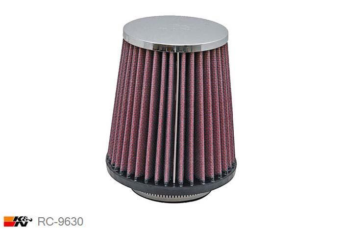 64mm aansluitdiameter, RC-9630, K&N Luchtfilter Universeel, Conisch, Lengte filter 127mm, Buitendiameter onder 114mm, Buitendiameter kap 89mm, Chroom kap, Lengte flens 19mm, 0 mm
