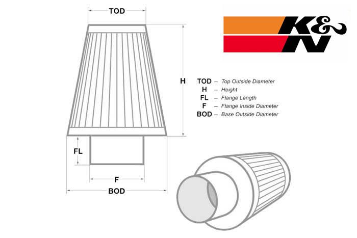 79mm aansluitdiameter, HA-6806, K&N Luchtfilter Universeel, Conisch, Lengte filter 124mm, Buitendiameter onder 121mm, Buitendiameter kap 114mm, Rubber kap, Lengte flens 19mm, 0 mm