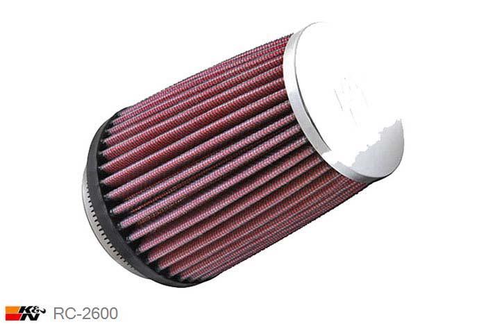 73mm aansluitdiameter, RC-2600, K&N Luchtfilter Universeel, Conisch, Lengte filter 127mm, Buitendiameter onder 102mm, Buitendiameter kap 76mm, Chroom kap, Lengte flens 16mm, 0 mm