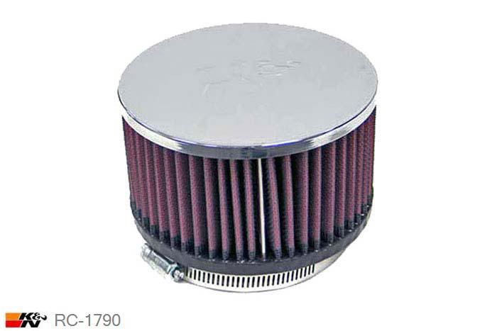89mm aansluitdiameter, RC-1790, K&N Luchtfilter Universeel, Cilindrisch, Lengte filter 76mm, Buitendiameter onder 127mm, Buitendiameter kap 127mm, Chroom kap, Lengte flens 16mm, 0 mm