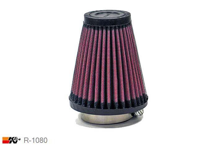 43mm aansluitdiameter, R-1080, K&N Luchtfilter Universeel, Conisch, Lengte filter 102mm, Buitendiameter onder 89mm, Buitendiameter kap 51mm, Rubber kap, Lengte flens 16mm, 0 mm