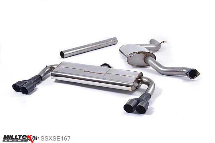 SSXSE167, Seat Leon Cupra 280 and 290 2.0 TSI (280 and 290PS) 2014- Milltek, Cat-back system, EC-Approved. Quad Black Round Tips Twin 80mm GT80 Cerakote Black, 3 inch, 76,2mm