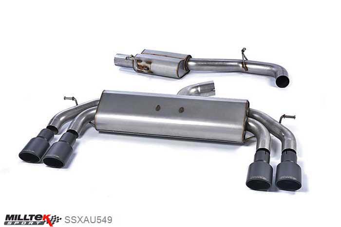 SSXAU549, Audi S/RS S3 2.0 TFSI quattro Sportback 8V 2013- Milltek, Cat-back system, Non-Valved Race System. Resonated (quieter). Quad Oval Cerakote Black Tips 104x80mm Black Velvet Oval, 3 inch, 76,2mm