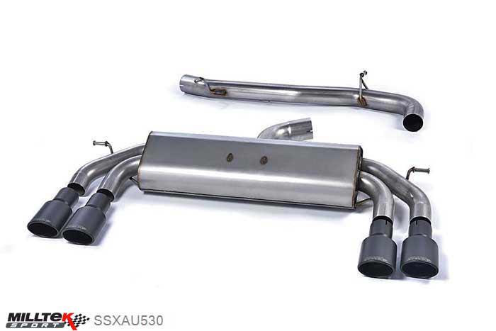 SSXAU530, Audi S/RS S3 2.0 TFSI quattro Sportback 8V 2013- Milltek, Cat-back system, Non-Valved Race System. Non-resonated (louder). Quad Oval Cerakote Black Tips 104x80mm Black Velvet Oval, 3 inch, 76,2mm